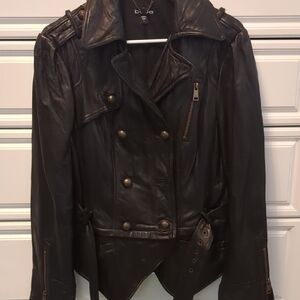 Bebe Dark Leather Jacket with Gold Accents